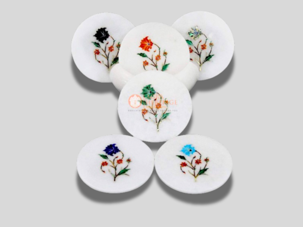 White Round Marble Coaster Set Multi Floral Inlaid Art